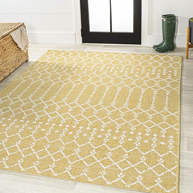 JONATHAN Y Moroccan Geometric Indoor Outdoor Area Rug 9X12 Yellow/Cream, Ourika Textured Weave for Backyard, Patio, Porch, Easy-Cleaning, High Traffic, Pet-Friendly, Non-Shedding (SMB108G-9)