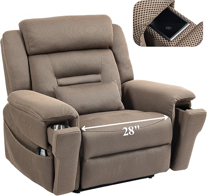 Big Man Power Lift Recliner for Elderly Adults 28 Inch Wide Seat, Lay Flat Lift Chair with Heat Massage, Cup Holder & Wireless Phone Charger, USB Type C Charging, Big Tall 400 lbs