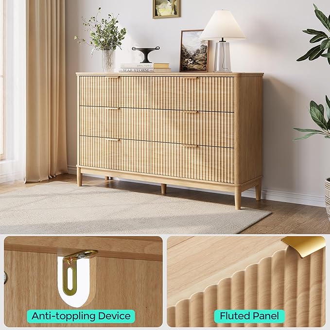 LINSY 6 Drawer Double Dresser for Bedroom, Modern Fluted Wood Chest of Drawers with Gold Metal Handles, Wide Storage Dresser TV Stand for Bedroom, Living Room, Entryway, Oak
