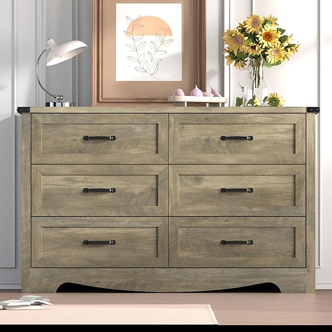 6-Drawer Dresser for Bedroom – 47" Wide Modern Wooden Chest with Natural Wood Texture, TV Stand & Storage, Metal Corner Brackets, Wood Drawer Organizer for Living Room, Hallway