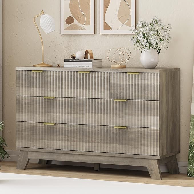 Fluted Dresser for Bedroom with 7 Drawers, 48" Wide Modern Chest of Drawers with Metal Handle, Wood Dresser TV Stand, Wooden Closet Clothes Storage Organizer for Living Room, Hallway, Grey