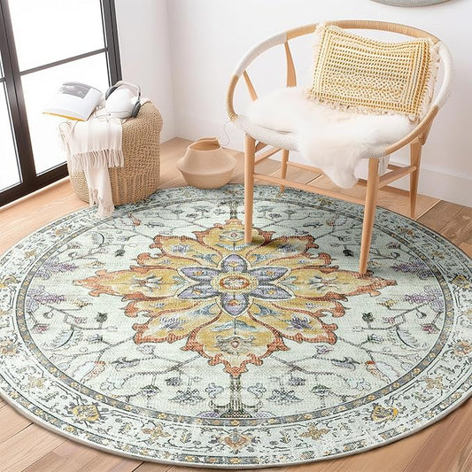 Area Rugs 4ft Washable Non-Slip, Floral Vintage Distress Print Pattern Medallion Carpet for Living Room Bedroom Dining Room, Light Yellow Carbon Grey Orange