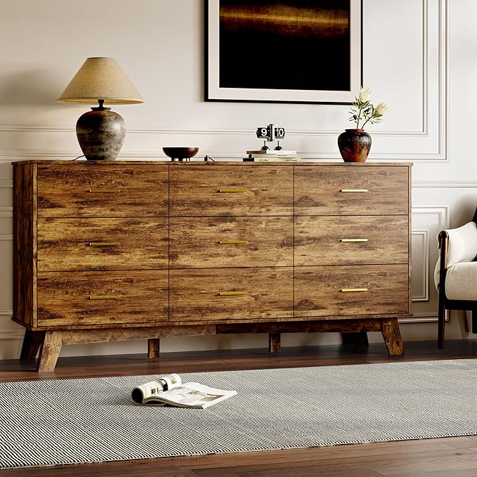 Dresser for Bedroom with 9-Drawer, 59" Wide Modern Chest of Drawers with Metal Handles, X-Shape Base & Adjustable Center Leg, Anti-Tip Closet Organizers and Storage