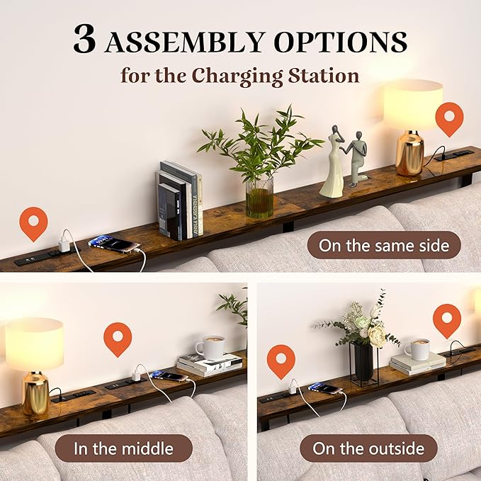 GRLEAF 90" Sofa Table with Built-in Power Strip (4 AC Outlets & 4 USB Ports) – 4.9ft Power Cord, Metal Frame, Easy Assembly, Long Couch Table Behind Sofa, Living Room and Home Office | Rustic Brown