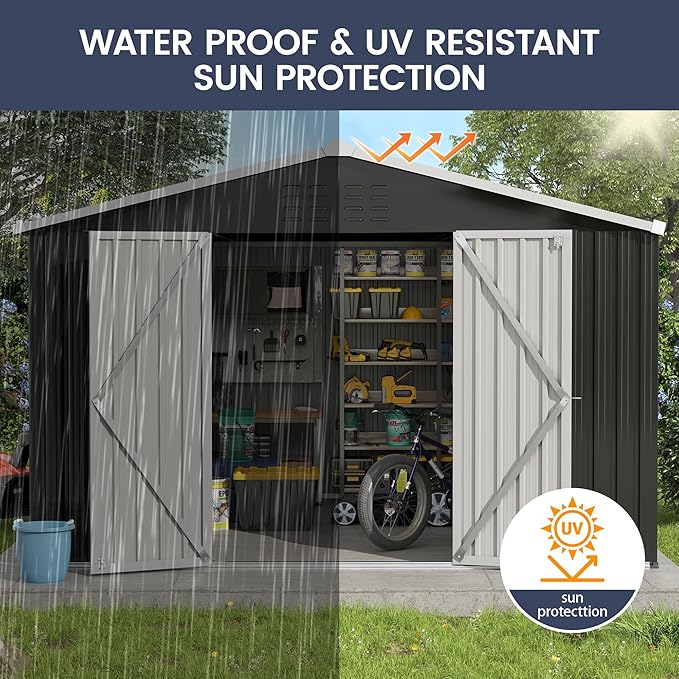 UDPATIO Outdoor Storage Shed 10x12 FT, Outside Sheds & Outdoor Storage Metal Galvanized Steel Yard, Patio, Lawn, Tool Shed with Lockable Door for Can, Bike, Lawnmower, Generator,Dark Grey