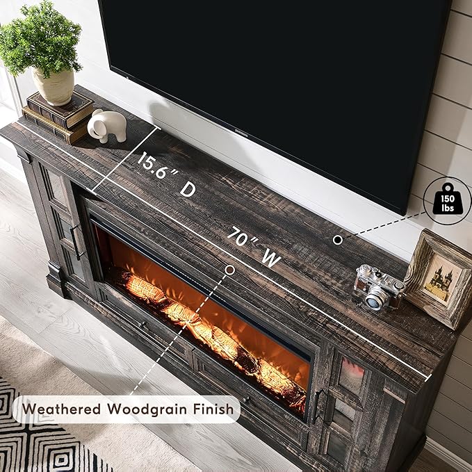OKD Fireplace TV Stand for up-to-80 TV, Farmhouse 36" Tall Entertainment Center with 42" Electric Fireplace, Media Console with Glass Door Cabinets & Drawers for Living Room, Dark Rustic Oak