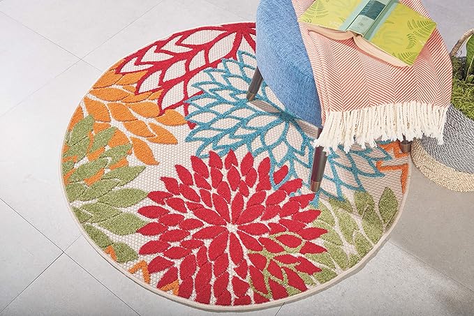 Nourison Aloha Indoor/Outdoor Green 4' x Round Area-Rug, Tropical, Botanical, Easy-Cleaning, Non Shedding, Bed Room, Living Room, Dining Room, Deck, Backyard, Patio (4 Round)