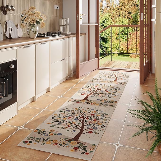 Runners for Kitchen Runner Rug Non Slip 2'x10' Long Washable Rugs Floral Tree with Rubber Backing Bohemian Soft Carpet Runner for Kitchen, Laundry, Bedroom, Bathroom, Beige
