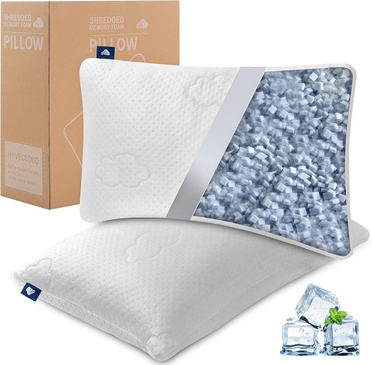 Shredded Memory Foam Pillows for Deep Sleep Bed Pillow forNeck Support with Removable & Washable Cover, Rectangular White-Cooling++, King Pack of 2