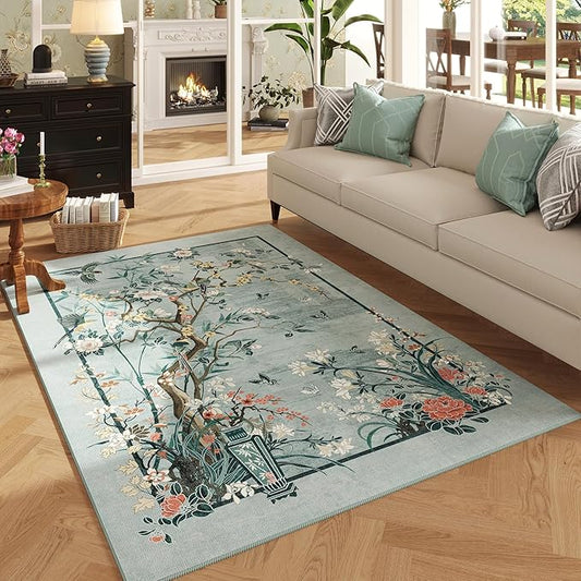 4x6 Rug Chinoiserie-Style Floral Vintage Washable Area Rugs Non Slip Low Pile Small Carpet for Bedroom, Bedside, Kids Room, Office, Dining Room, Blue
