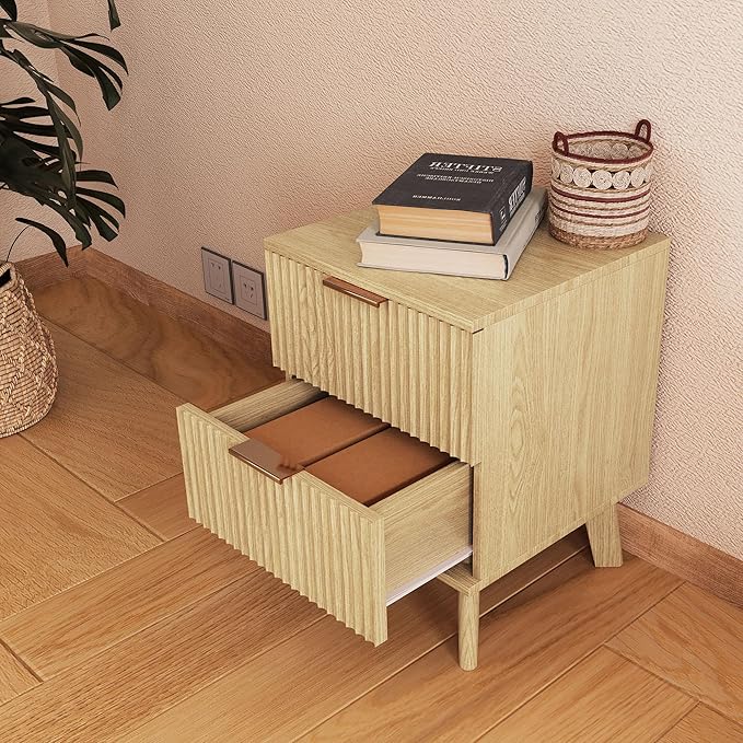 Fluted 2 Drawer Small Dresser for Bedroom, Mid Century Modern Nightstand with Drawers, Low Bedside Table with Drawers, End Table Short Storage, Living Room, Dorm -Natural