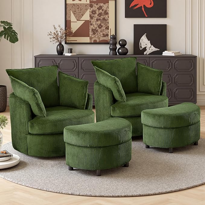 Swivel Accent Chair with Ottoman Comfy Reading Chairs for Bedroom Modern Corduroy Arm Chair 360°Swivel Barrel Chairs for Living Room,Apartment (Green, 2)