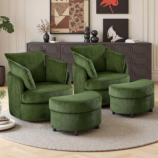 Swivel Accent Chair with Ottoman Comfy Reading Chairs for Bedroom Modern Corduroy Arm Chair 360°Swivel Barrel Chairs for Living Room,Apartment (Green, 2)