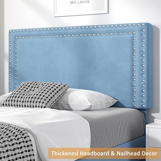 VECELO Twin Size Platform Bed Frame with Adjustable Upholstered Headboard, Strong Wood Slat Support, No Box Spring Needed, Easy Assembly