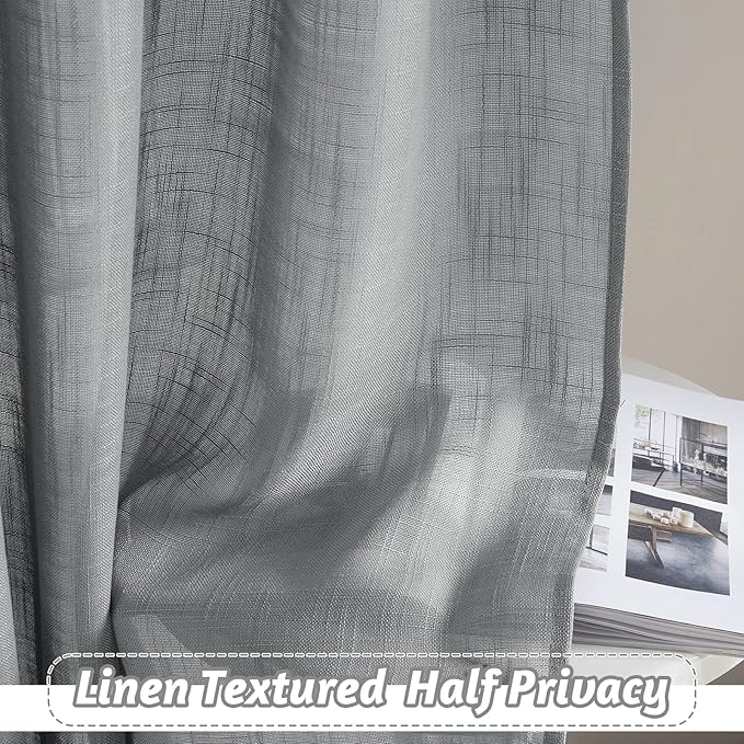 RYB HOME Linen Curtains Sheer - Linen Textured Blend Curtains Privacy Semi Sheer Drapes Light Filtering Backdrop for Bedroom Living Room Dining, Grey, W 52 x L 90 inch, 1 Pair