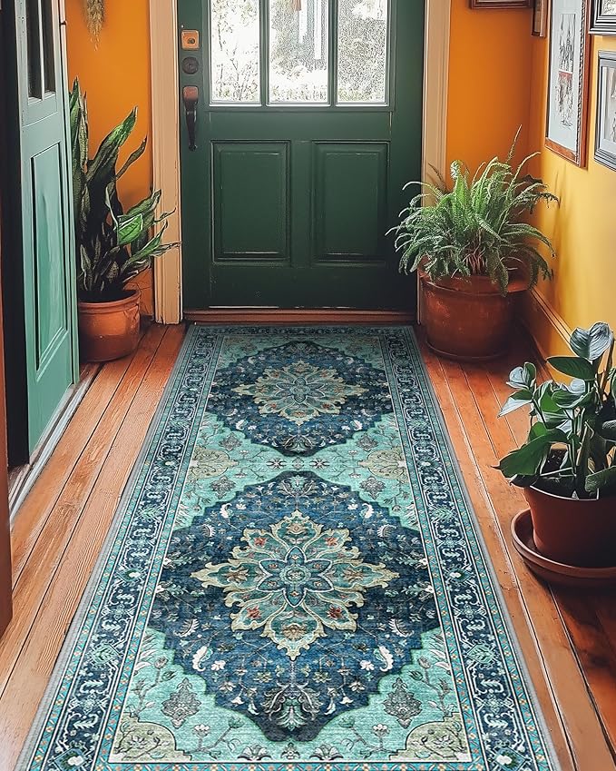 Area Rugs 2'x6' Washable Non-Slip, Floral Vintage Distress Print Pattern Medallion Carpet for Living Room Bedroom Dining Room, Teal Green Lake Blue Turquoise