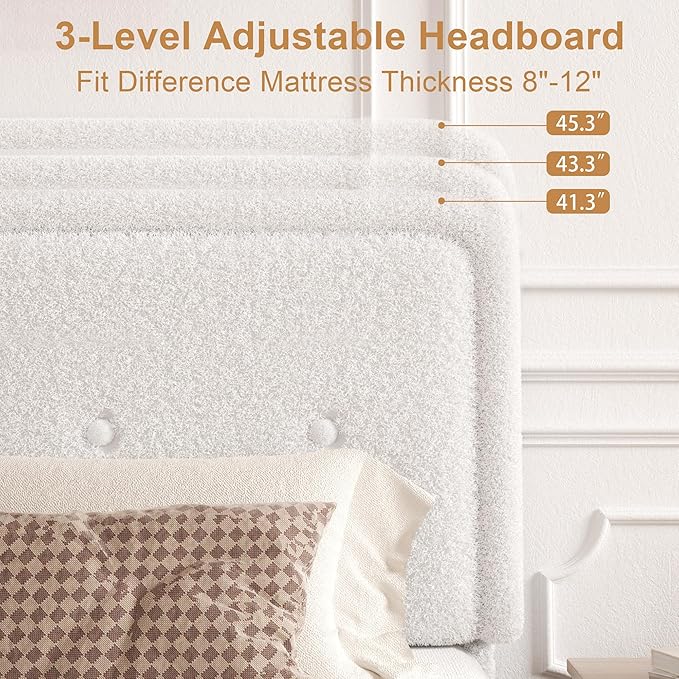 Full Size Boucle Platform Bed Frame, Anti-Collision Soft Rounded Corners, Adjustable Headboard, No Box Spring Needed, Easy Assembly, Noise Free, White