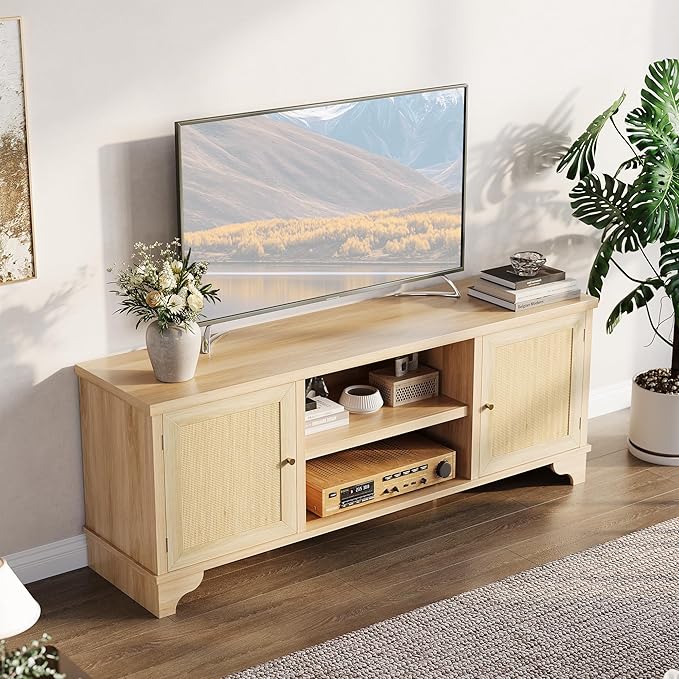 Rattan TV Stand Fits TVs Up to 70 Inches, Farmhouse Entertainment Center with Cabinets and Open Shelves, Wooden Media Console Table for Living Room, Oak