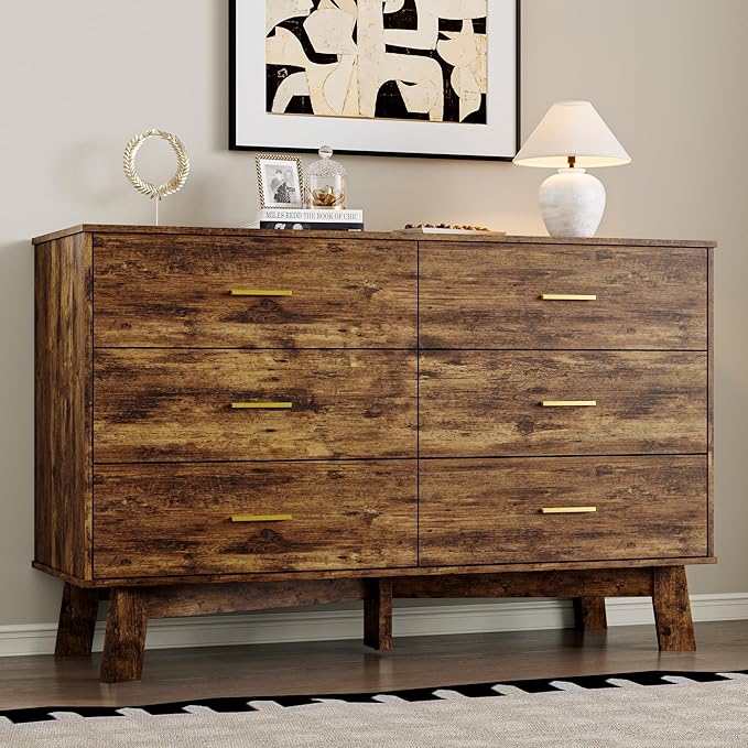 Dresser for Bedroom with 6-Drawer, 47.3" Modern Chest of Drawers with Metal Handles, X-Shape Base & Adjustable Center Leg, Anti-Tip Closet Organizers and Storage