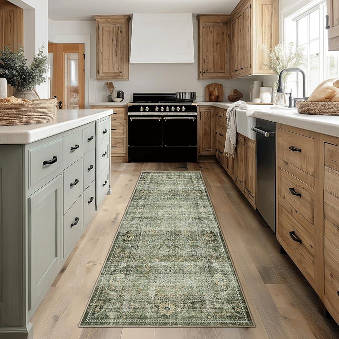 FMFUNCTEX 2x6 Runner Rug Green Vintage Neutral Washable Distressed Non Slip Low Pile Indoor Carpet Soft Retro Hallway Entryway Rug for Kitchen Living Room Bedroom Bathroom Laundry Entrance Bedside