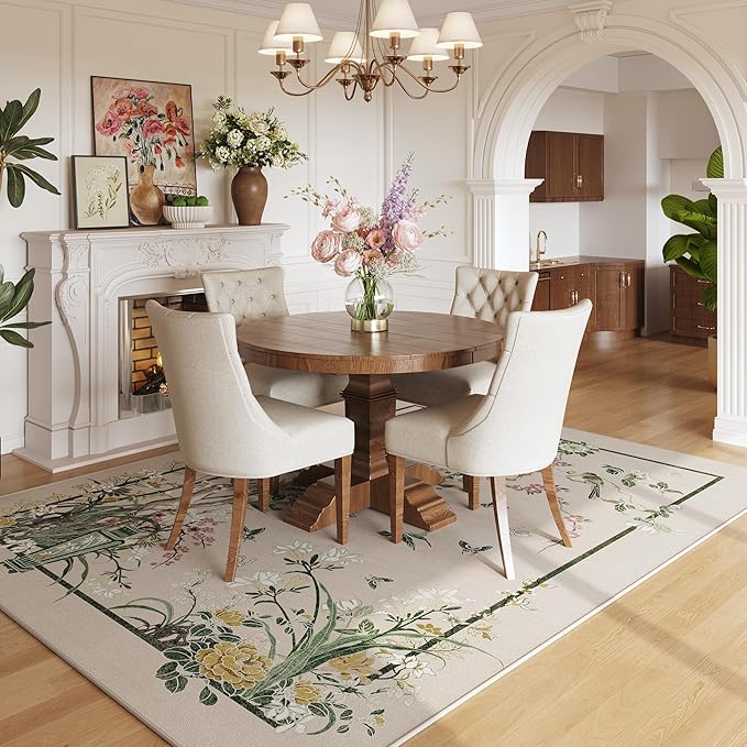 Area Rugs 8x10 Clearance Chinoiserie-Style Floral Vintage Machine Washable Non Slip Low Pile Large Rug for Bedroom, Farmhouse, Dining Room, Kids Playroom, Beige