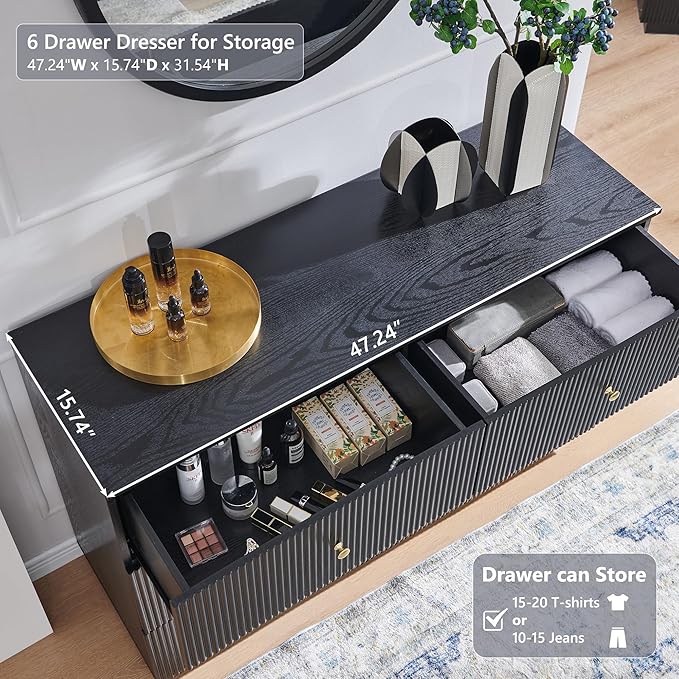 Fluted Dresser for Bedroom, 47" Black 6 Drawer Dressers, Wood Tall Dresser Storage Organizer, Modern Chest of Drawers with Deep Storage for Closet Hallway, Entryway, Living Room, Black