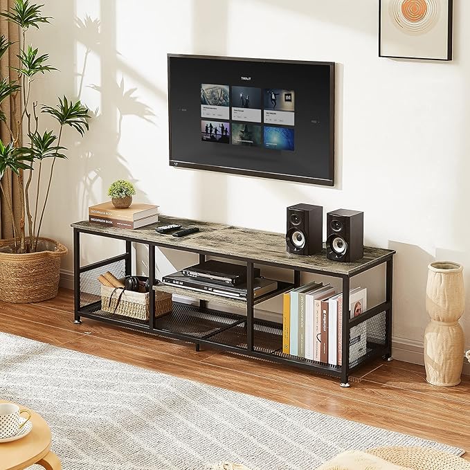 VECELO Industrial TV Stand for Televisions up to 65 Inch, 55" Entertainment Center with Open Storage Shelves for Living Room/Bedroom, 3 Tiers Media Console Table with Metal Frame, Grey, 55 Inches