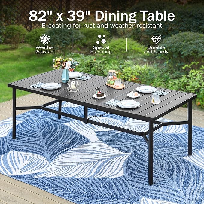 PHI VILLA 9 Pieces Outdoor Dining Set for 8, Large Rectangular Metal Dining Table with Umbrella Hole & Stackable Wrought Iron Chairs, Dining Furniture for Patio, Deck, Yard, Porch
