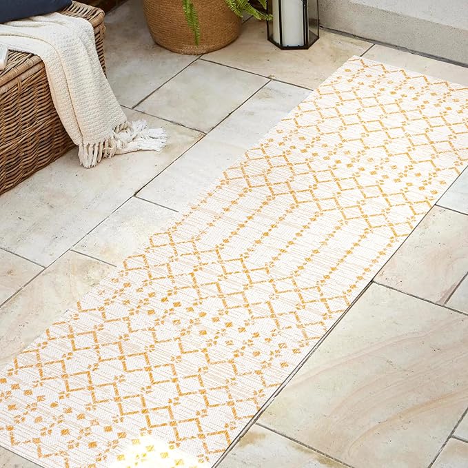 JONATHAN Y SMB108J-28 Ourika Moroccan Geometric Textured Weave Indoor Outdoor Runner Rug, Bohemian, Rustic, Scandinavian Easy-Cleaning,Bedroom,Kitchen,Backyard,Patio,Non Shedding, Cream/Yellow, 2 X 8