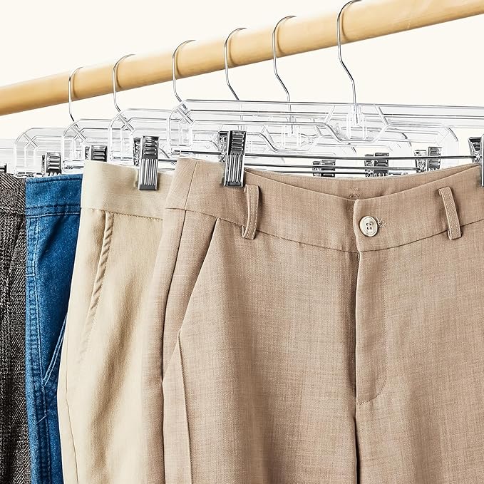 HOUSE DAY Clear Pants Hangers with Clips 200 Pack, Non-Slip Plastic Skirt Hanger with Adjustable Clips, Slim Clip Hangers for Pants, Skirts, Shorts, 14" Clear Hanger, 360-Rotating Swivel Hook