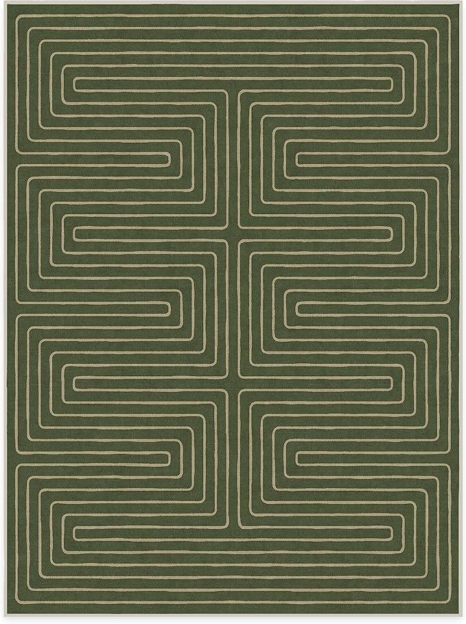 RUGGABLE x Jonathan Adler Machine Washable Modern Area Rug – Labyrinth Fern Green 9x12, Stain-Resistant, Non-Slip – Large Rugs for Living Room, Bedroom, Hallway, Entryway & Office–with Standard Pad