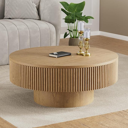 31.5” Round Fluted Coffee Table, Modern Wood Circle Coffee Table, Veneer Handcrafted Relief Tea Table with Sturdy Pedestal for Living Room - Natural