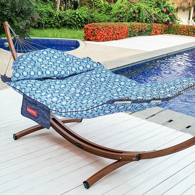 Lazy Daze Hammocks Deluxe 12 FT Thickened Fabric Hammock with Curved Aluminium Spreader, Outside Double Hammock with Large Soft Pillow, Side Pocket 450 Lbs Capacity for Patio, Blue Floral
