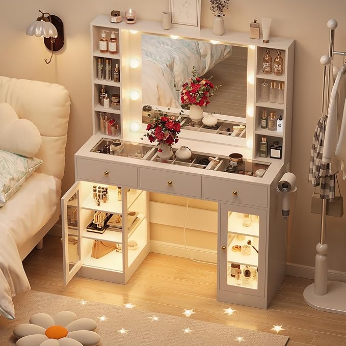 White Vanity Desk with Mirror and Lights, Glass Top Vanity with Lighted Mirror & RGB Glass Cabinet and 3 Drawers, Makeup Vanity Desk with Lights Dressing Table for Bedroom, 3 Color Modes