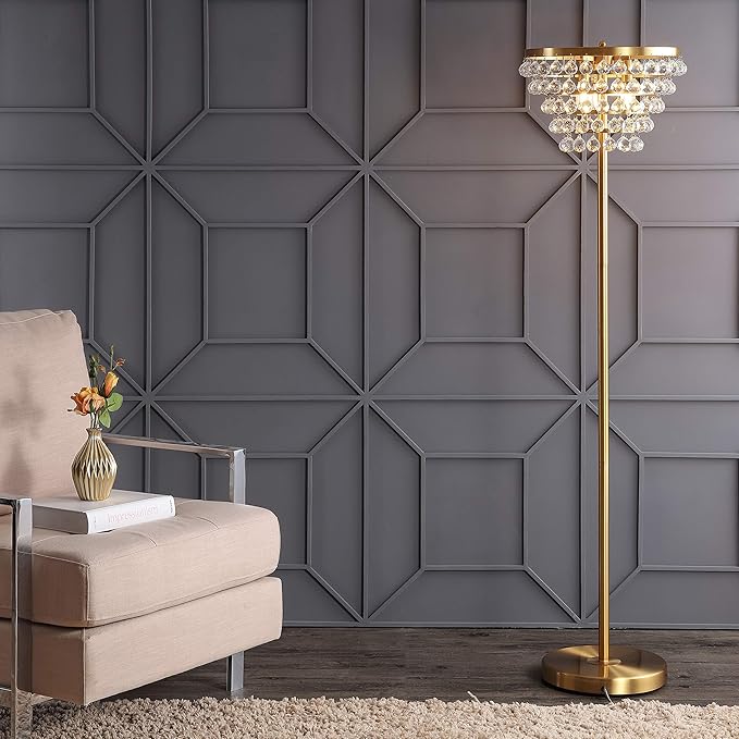 JONATHAN Y JYL9005B Jemma 60" Crystal/Metal LED Floor Lamp, Contemporary, Modern, Transitional, Elegant, Office, Living Room, Family Room, Dining Room, Bedroom, Hallway, Foyer, Brass Gold/Clear