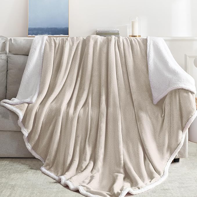 BEAUTEX Sherpa Beige Cream Fleece Throw Blankets, Soft Fluffy Flannel Plush Blanket and Throw, Fuzzy Cozy Cuddle Blankets for Couch Bed Sofa Adults (50" x 60")