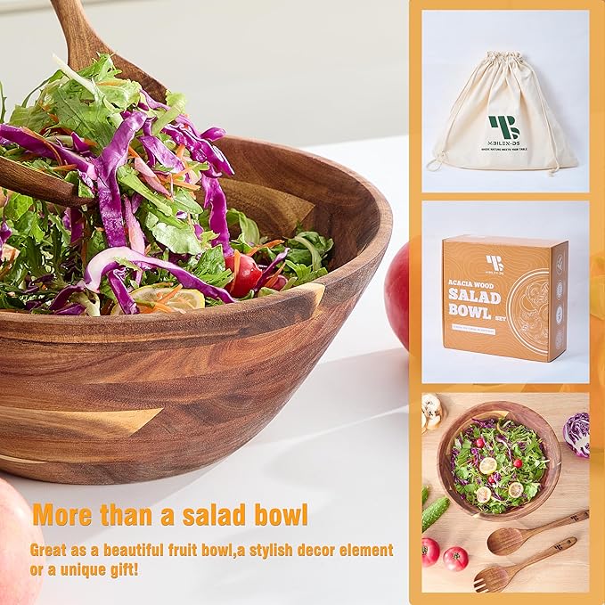 Wooden Salad Bowls with Serving Utensils, Large 12.5" Acacia Wooden Bowls for Food, Perfect as Fruit Bowl, Serving Bowls, Mixing Bowls, Handmade, Durable and Stylish Natural Wood Dinning Accessory