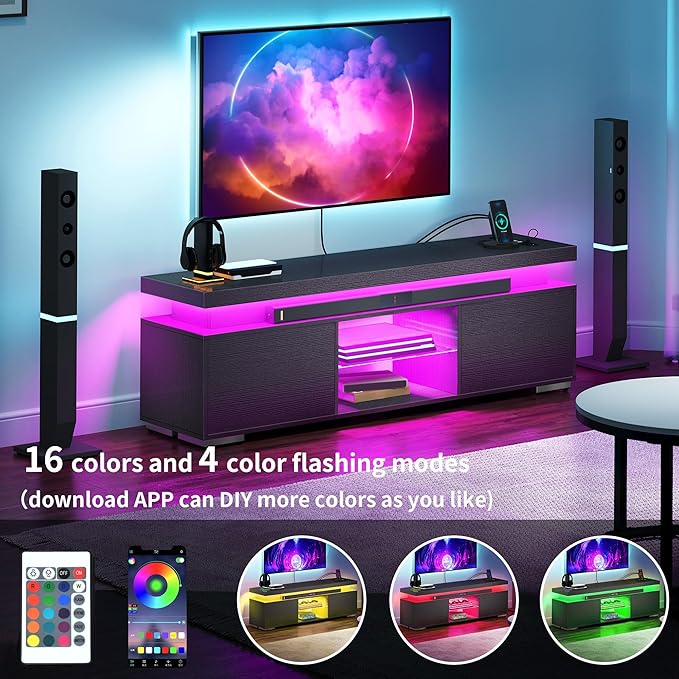 YITAHOME Black TV Stand for 65 inch TV, Entertainment Center with Storage, Modern LED TV Stand w/Power Outlets for Living Room, TV Console Media Cabinet, Black