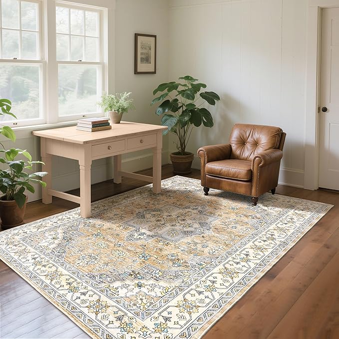 Living Room Rug 6x9 Rug, Machine Washable Area Rug Non Slip Low Pile Vintage Rug for Living Room, Bedroom, Farmhouse, Dining Room, Kids Playroom, Beige