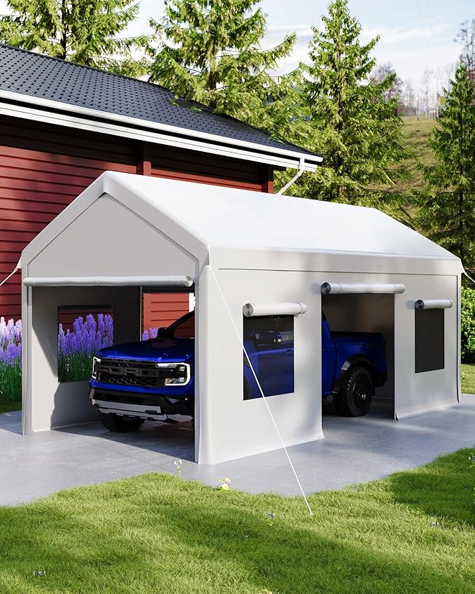 10 x 20 FT Carport Clearance, Heavy Duty Carport Canopy with Roll Up and Down Mesh Window, Outdoor Portable Garage with Removable Sidewalls, All Season Tarp for Car, Boat, Truck, Motorcycle (White)