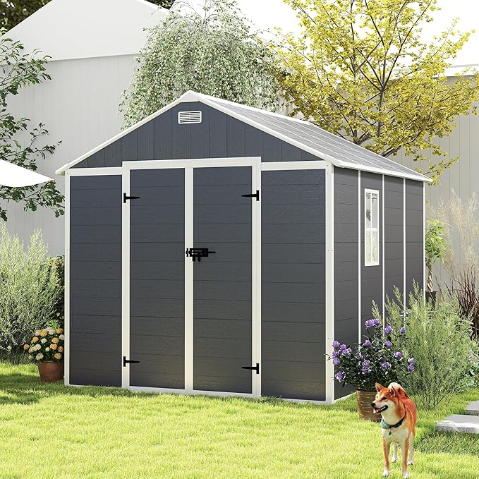 8x8 FT Outdoor Storage Resin Shed with Floor, Plastic Garden Tool Shed with Sloped Roof, Lockable Door & Windows, Easy to Assemble Bike Shed for Lawn, Backyard, Patio, Black