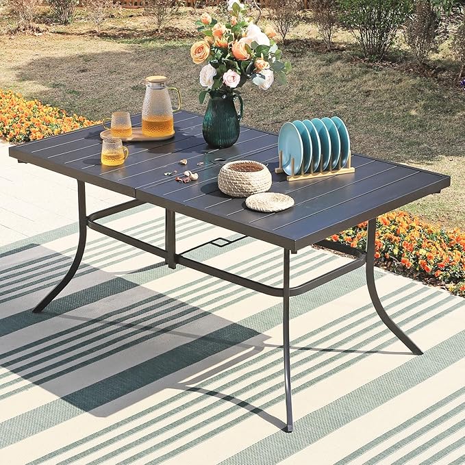 Patio Outdoor Table and Chairs Set with Umbrella Beige, Patio Dining Sets for 6, 7 Pieces Patio Table Set Clearance for Backyard Deck Porch Outside, Metal Table with Hole & Cushioned Rattan Chairs