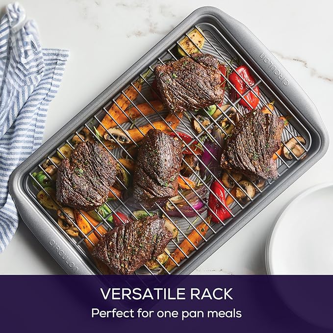 Circulon Nonstick Heavy Gauge Steel Bakeware Set with Rolled Pan Edges Loaf Pan, Cookie Pan, Baking Pans, Cake Pans, Muffin Pan and Cooling Rack (10-Piece, Gray)