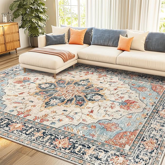Area Rugs 8'x10' Washable Non-Slip, Floral Vintage Distress Print Pattern Medallion Carpet for Living Room Bedroom Dining Room, Beige Navy Blue Orange Colorful