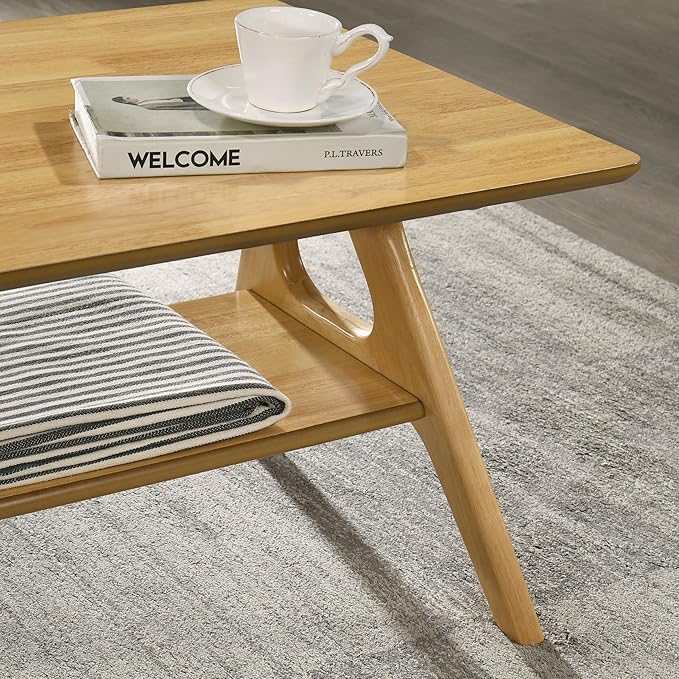 Roundhill Furniture Arona Mid-Century Modern Wood Shelf Coffee Table, Natural Oak Finish