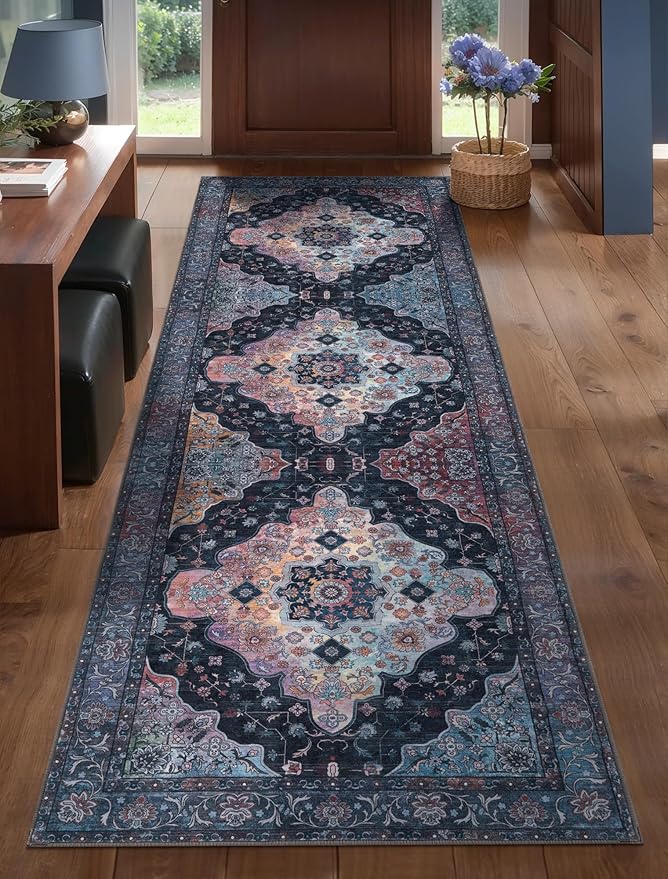 Tangsoo 2.6x8 Washable Runner Rug for Hallways, Non Slip Vintage Runner, Soft Low Pile Long Rug Runner, Print Distressed Navy Carpet Runners for Kitchen Bedroom Entryway Bathroom Living Room