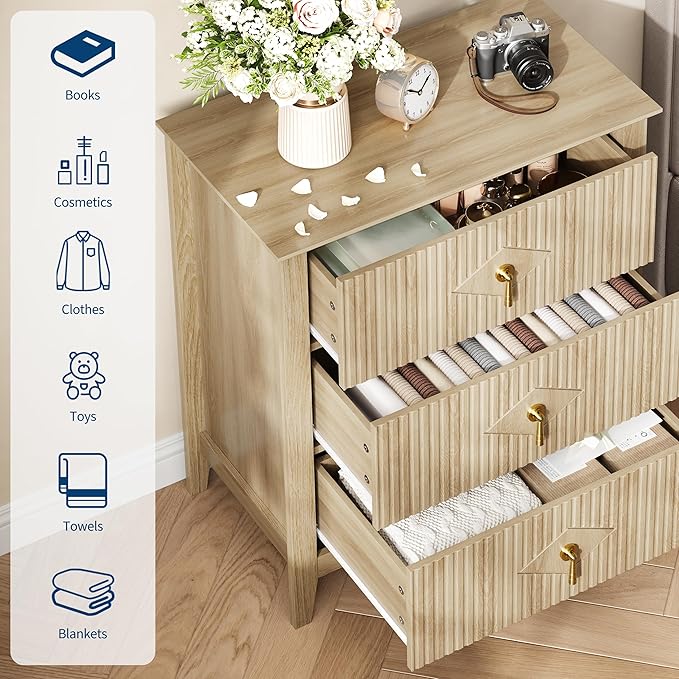 GarveeHome Wood Nightstand Fluted Dresser for Bedroom, 27.5" Wide 3-Drawer Bedside Tables, Modern Chest of Drawers, Storage End Table Living Room, Hallway, Entryway, Natural Oak