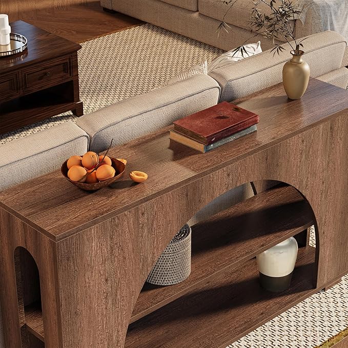 Sofa Console Table with Storage, 55" Farmhouse 3-Tier Hallway Wood Table for Living Room, Hallway, Foyer, Brown Oak