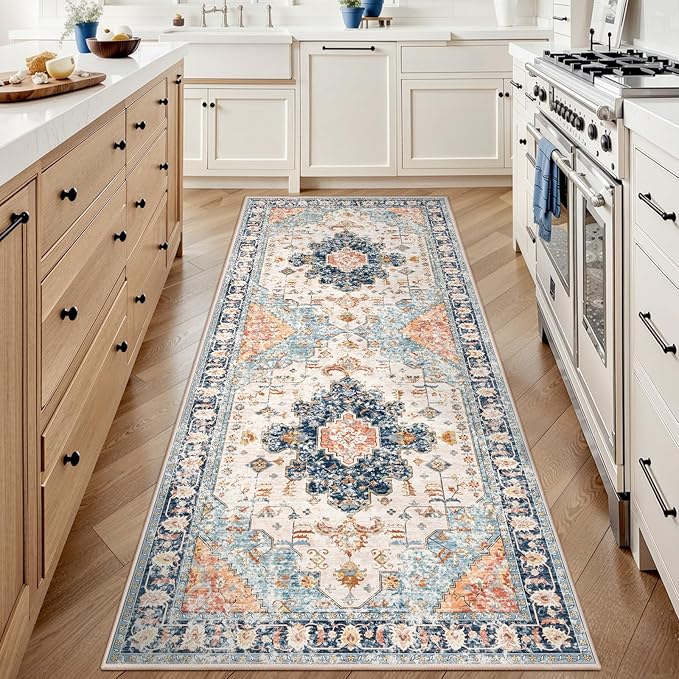 Tangsoo 2x6 Washable Runner Rug for Hallways, Non Slip Vintage Rugs, Soft Low Pile, Print Distressed Blue/Orange Carpet Runners for Kitchen Bedroom Entryway Bathroom Living Room