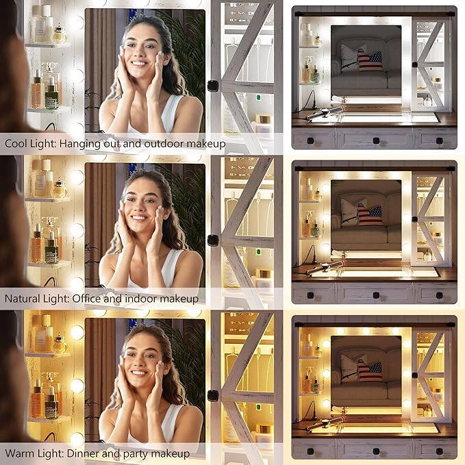 Farmhouse Vanity Desk with Lighted Mirror, Makeup Vanity Table with 9 Hollywood Bulb Lights/6 Drawers/Large Storage, White Dressing Table 3 Colors Lighting & Charging Station for Women